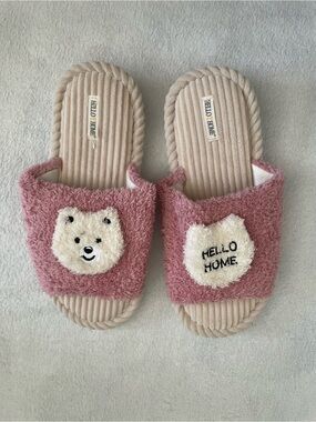 Pink Fuzzy Bear Slide Slippers - "HELLO HOME" fits sizes 8-9
